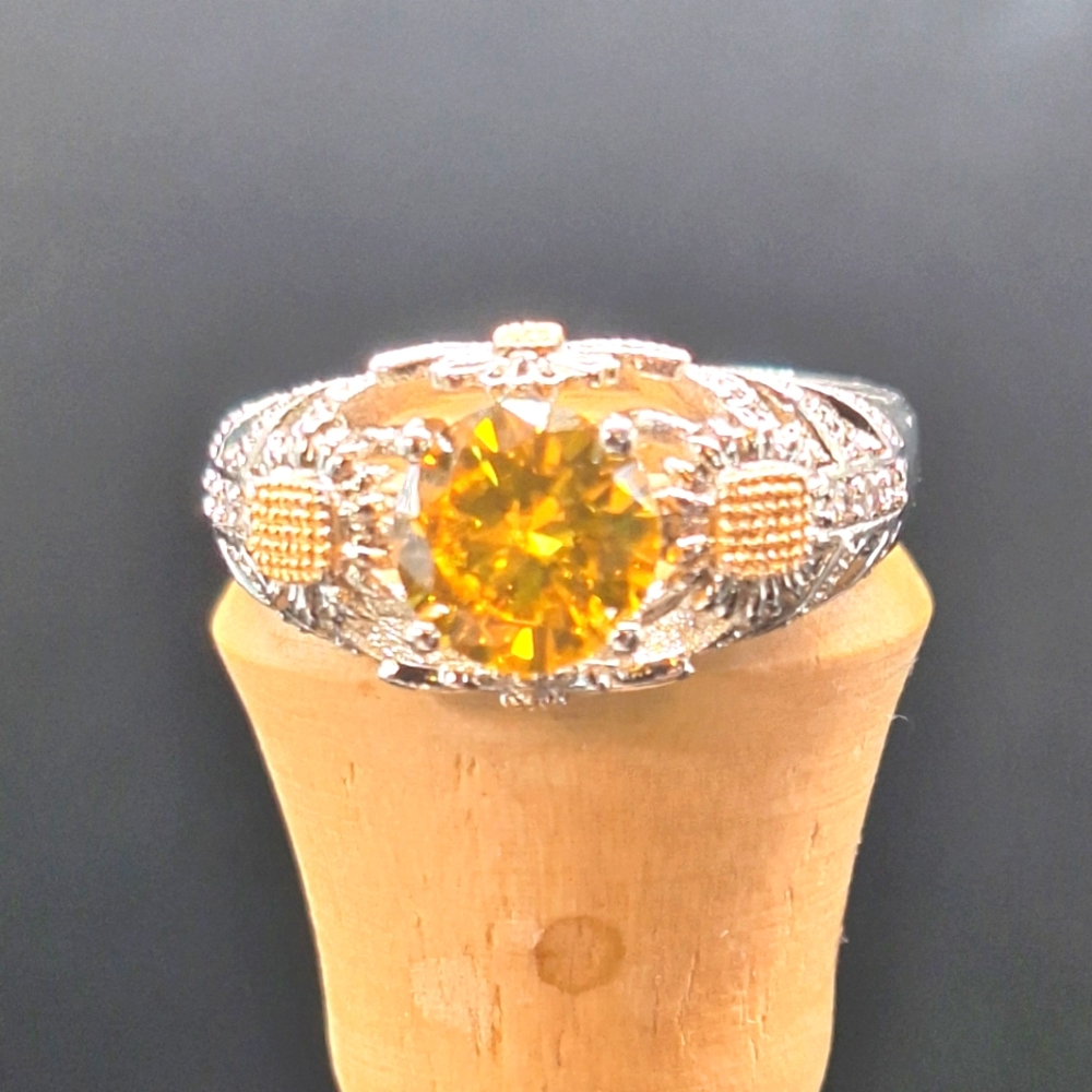 Exquisite Silver Citrine Cubic Zirconia Ring